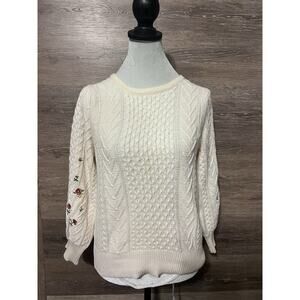 Vintage Cottagecore Sweater Small Embroidered Floral Knit Fisherman Chunky Ivory